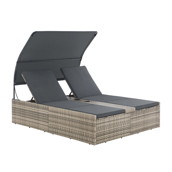 Polyrotan Loungebed / Ligbed Syros - Grijs - 2 personen - Incl. Kussens & Zonnedak - Afbeelding 1