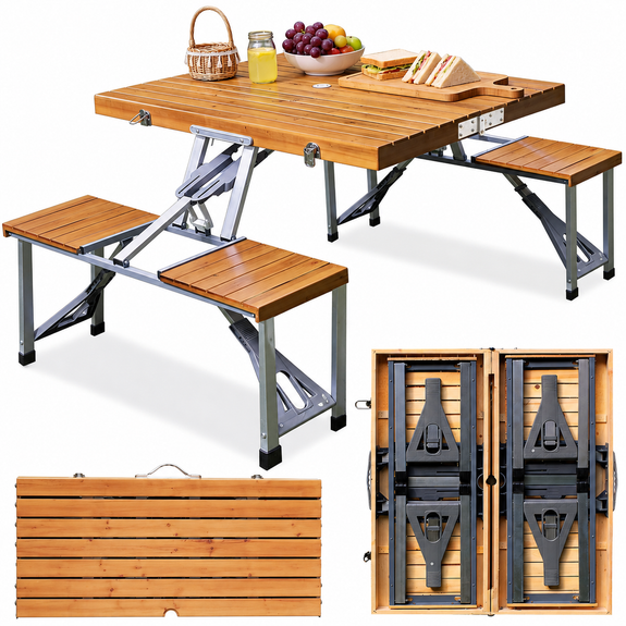 Opvouwbare campingtafel met 4 zitplaatsen - houtlook - Afbeelding 1