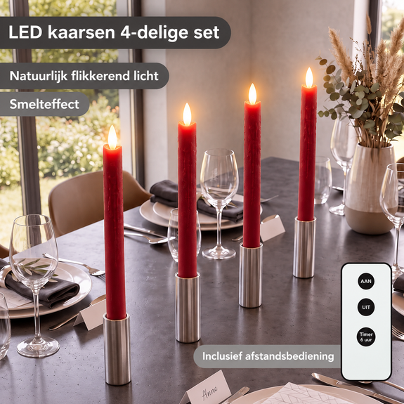 LED dinerkaarsen 22,5 cm rood – 4 stuks met afstandsbediening - Afbeelding 4