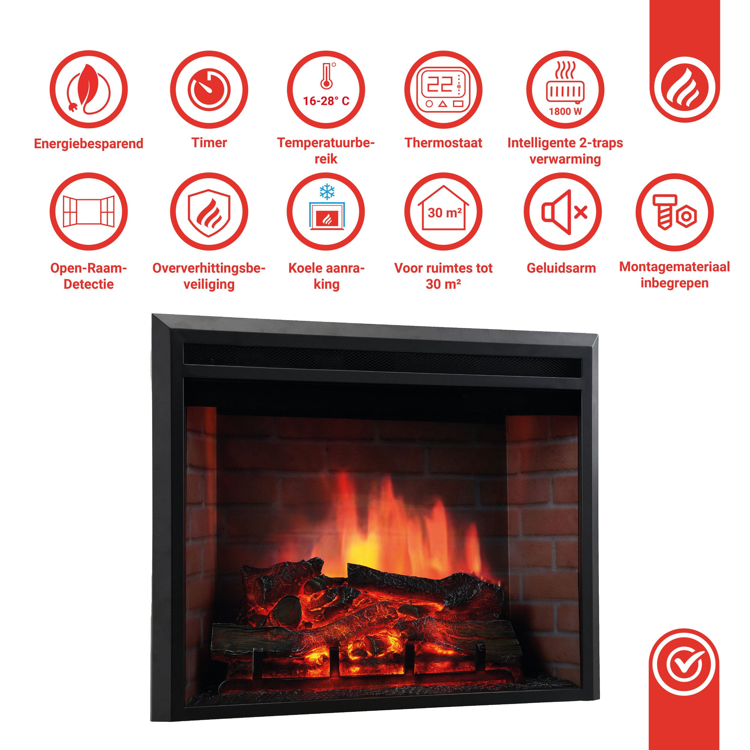 Elektrische haard LUCA - Elektrische inbouwhaard met verwarming, 3D-vlameffect, 12 vlamkleuren, afstandsbediening - 30 inch