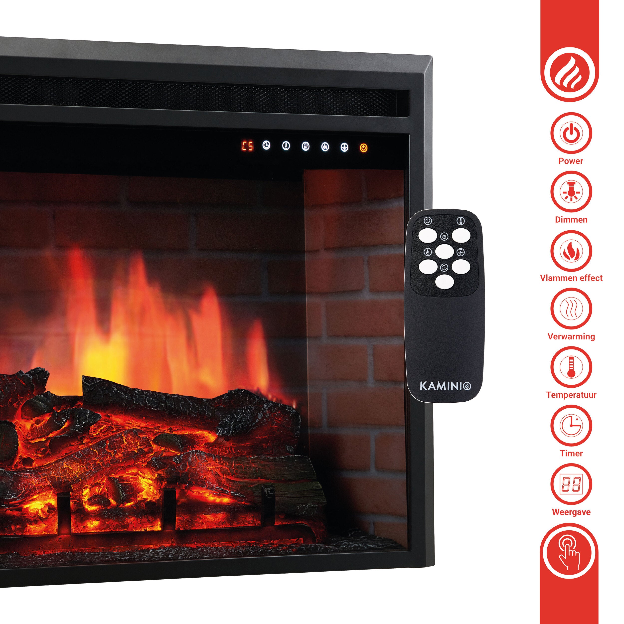 Elektrische haard LUCA - Elektrische inbouwhaard met verwarming, 3D-vlameffect, 12 vlamkleuren, afstandsbediening - 30 inch