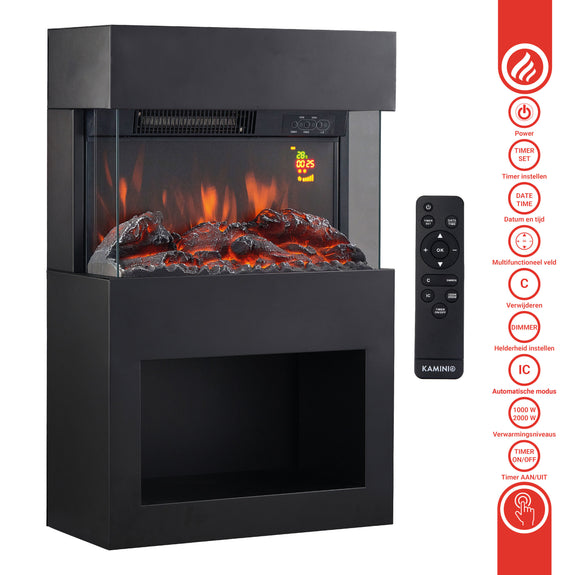 Elektrische haard HENRI - Elektrische houtkachel met verwarming, 3D-vlameffect, houtopslag, afstandsbediening- Zwart - Afbeelding 5