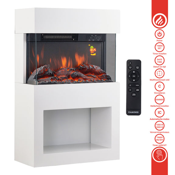 Elektrische haard HENRI - Elektrische houtkachel met verwarming, 3D-vlameffect, houtopslag, afstandsbediening - Wit - Afbeelding 6