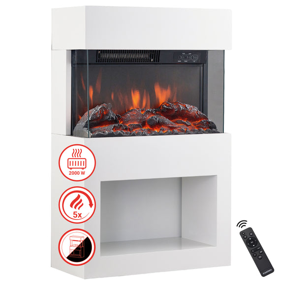 Elektrische haard HENRI - Elektrische houtkachel met verwarming, 3D-vlameffect, houtopslag, afstandsbediening - Wit - Afbeelding 1