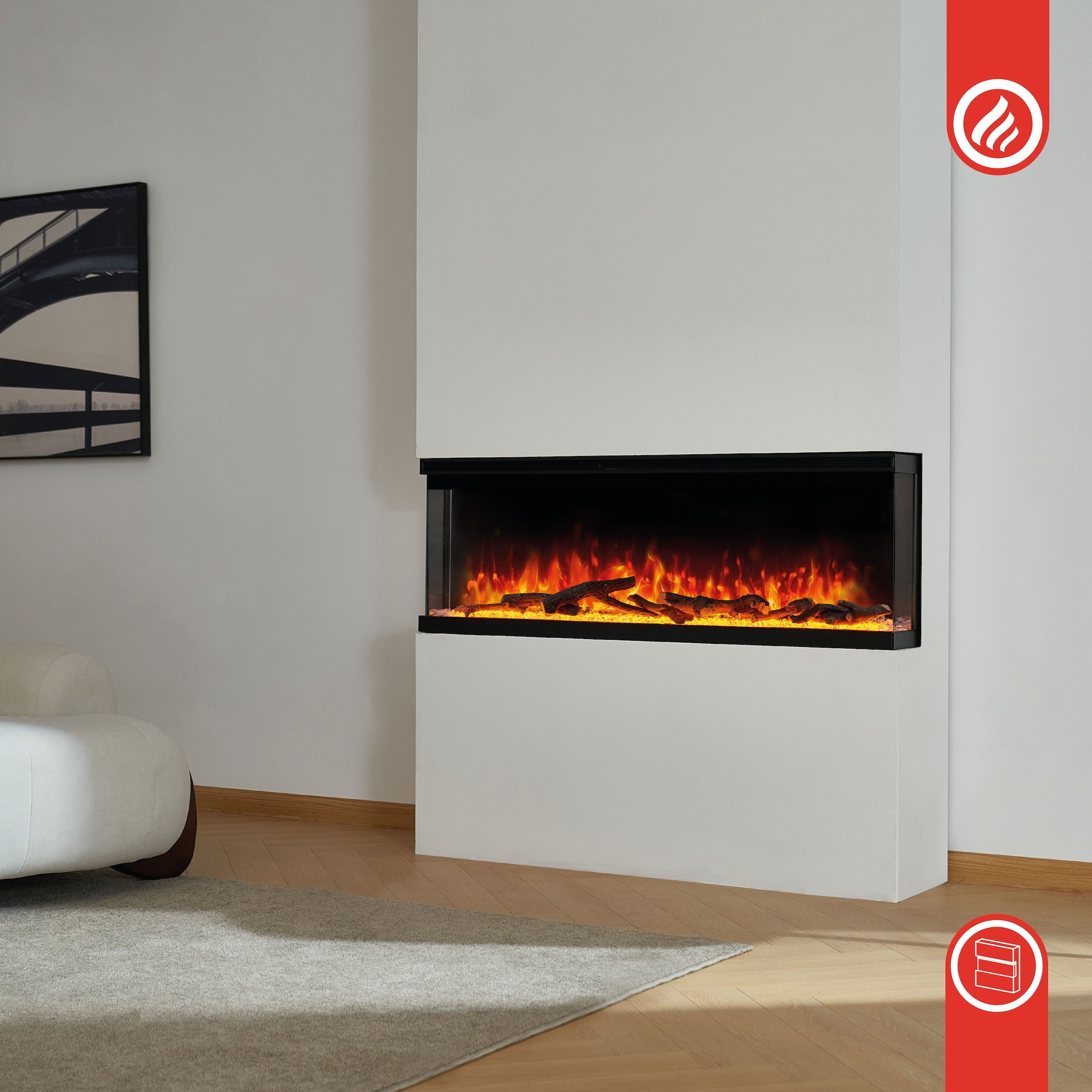 KAMINIO Elektrische haard LEA - Elektrische 3-in-1 haard met panoramaweergave, verwarming, 3D-vlameffect, 12 vlamkleuren, afstandsbediening - 60 inch