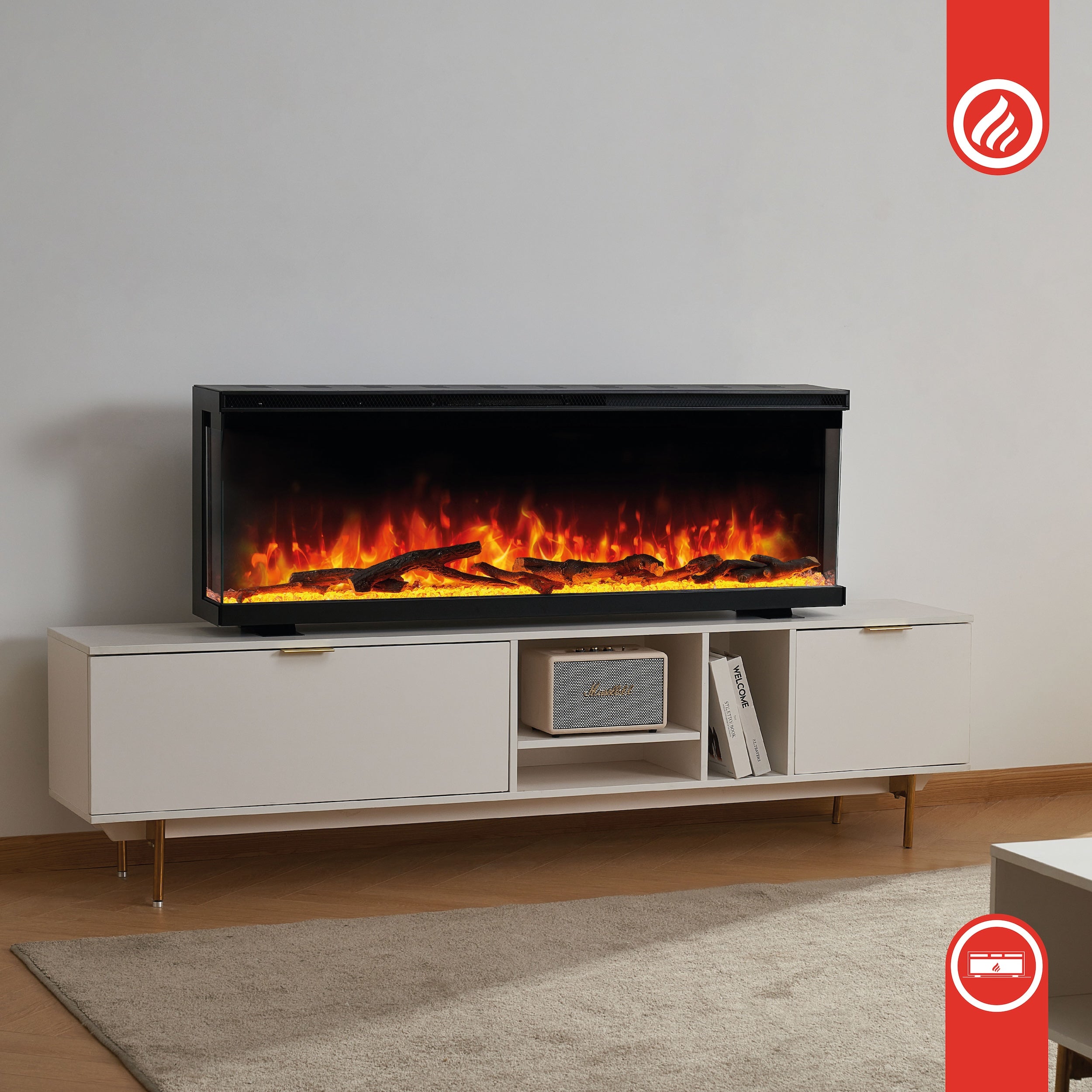 KAMINIO Elektrische haard LEA - Elektrische 3-in-1 haard met panoramaweergave, verwarming, 3D-vlameffect, 12 vlamkleuren, afstandsbediening - 60 inch