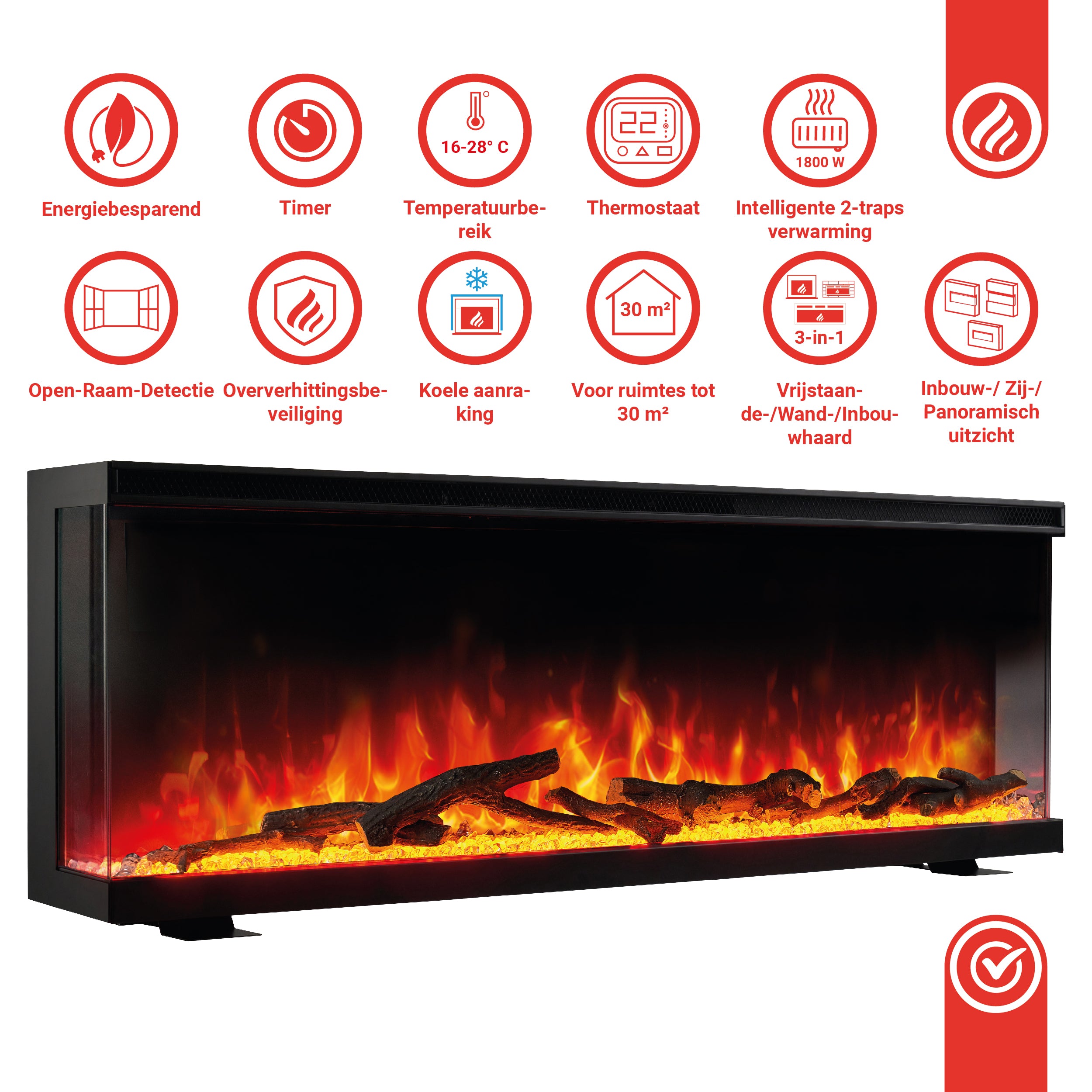KAMINIO Elektrische haard LEA - Elektrische 3-in-1 haard met panoramaweergave, verwarming, 3D-vlameffect, 12 vlamkleuren, afstandsbediening - 60 inch