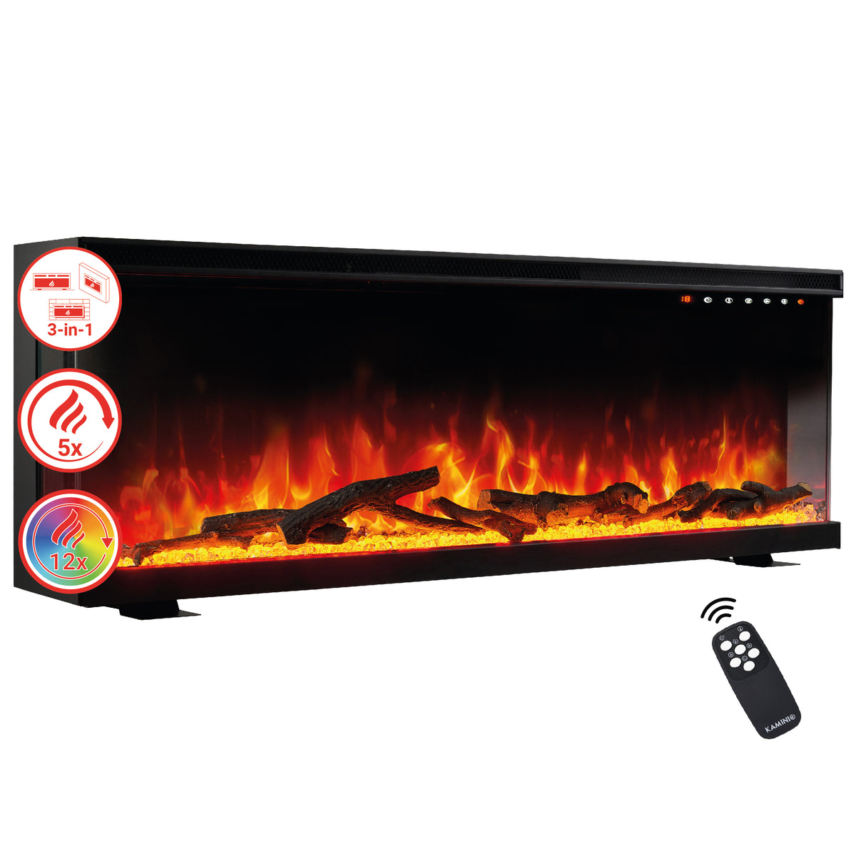 KAMINIO Elektrische haard LEA - Elektrische 3-in-1 haard met panoramaweergave, verwarming, 3D-vlameffect, 12 vlamkleuren, afstandsbediening - 60 inch