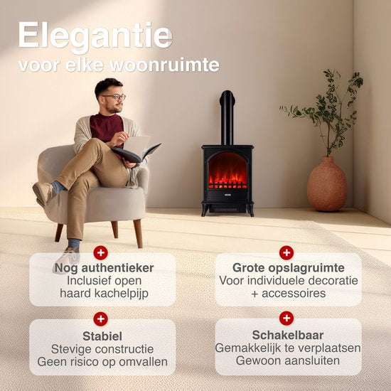 Leni Vrijstaande Elektrische Haard Zwart – 1800W met Sierpijp - Afbeelding 2