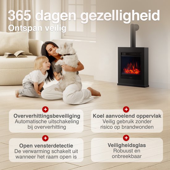 Kalle Vrijstaande Elektrische Haard Zwart – 1800W met Sierpijp - Afbeelding 4