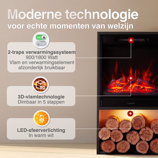 Hugo Vrijstaande Elektrische Haard Zwart – 1800W met Houtopslag - Afbeelding 5