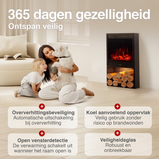 Hugo Vrijstaande Elektrische Haard Zwart – 1800W met Houtopslag - Afbeelding 4