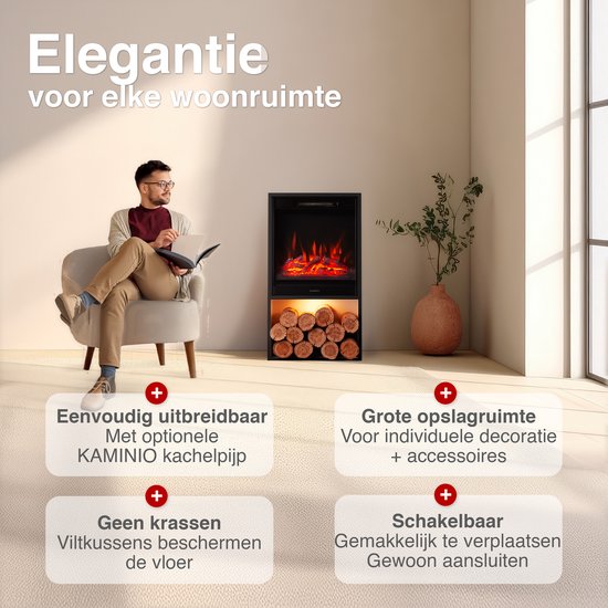 Hugo Vrijstaande Elektrische Haard Zwart – 1800W met Houtopslag - Afbeelding 2