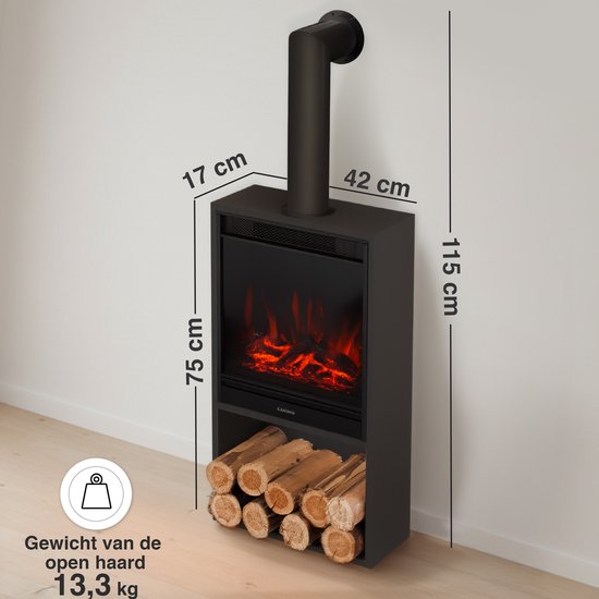 Hugo Vrijstaande Elektrische Haard Zwart – 1800W met Sierpijp & Houtopslag - Afbeelding 6