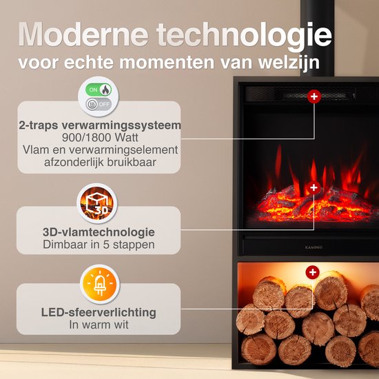 Hugo Vrijstaande Elektrische Haard Zwart – 1800W met Sierpijp & Houtopslag - Afbeelding 4