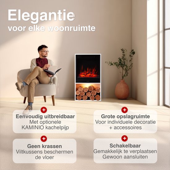 Hugo Vrijstaande Elektrische Haard Wit – 1800W met Houtopslag - Afbeelding 2