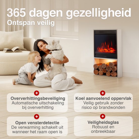 Hugo Vrijstaande Elektrische Haard Wit – 1800W met Houtopslag - Afbeelding 4