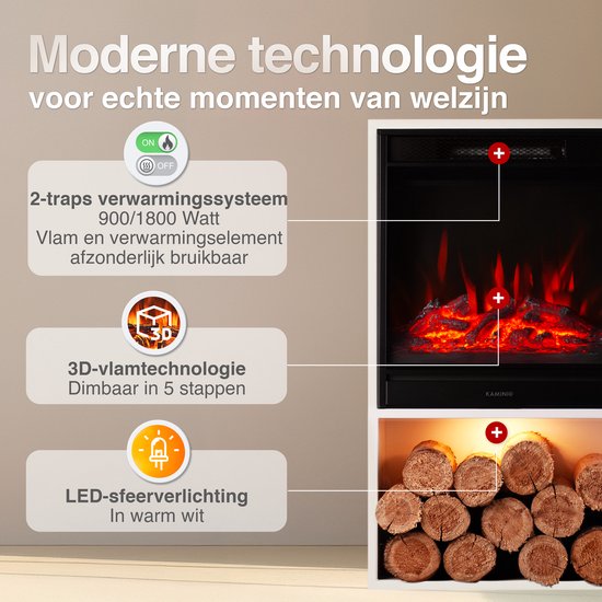 Hugo Vrijstaande Elektrische Haard Wit – 1800W met Houtopslag - Afbeelding 5
