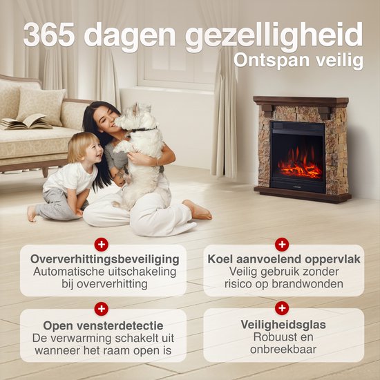 Juan Vrijstaande Elektrische Haard Beige – Steenlook 1800W - Afbeelding 4