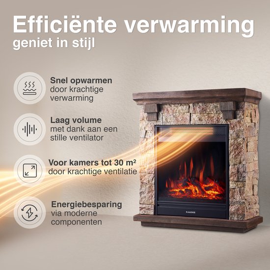 Juan Vrijstaande Elektrische Haard Beige – Steenlook 1800W - Afbeelding 3