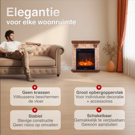 Juan Vrijstaande Elektrische Haard Beige – Steenlook 1800W - Afbeelding 2