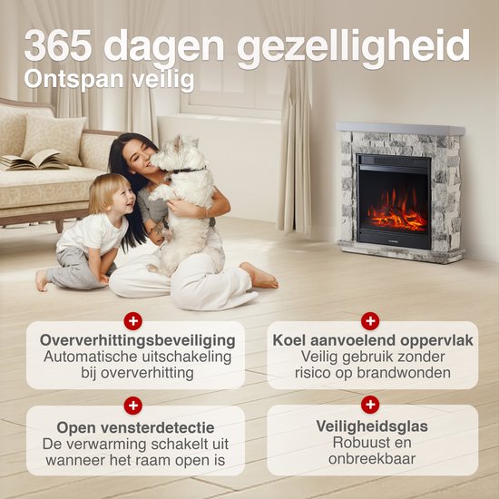 Juan Vrijstaande Elektrische Haard Grijs – Steenlook 1800W - Afbeelding 4