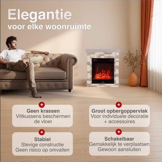 Juan Vrijstaande Elektrische Haard Grijs – Steenlook 1800W - Afbeelding 2