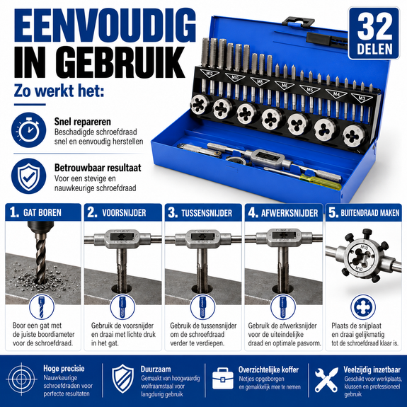Tap- en snijset 32-delig M3 tot M12 - Afbeelding 4