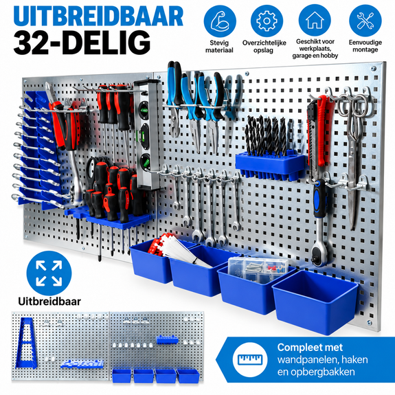 Gereedschapswand met 1380 gaten – 32-delige set - Afbeelding 2