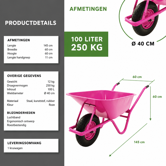 Kruiwagen 100 Liter Roze – Draagvermogen 250 kg - Afbeelding 2