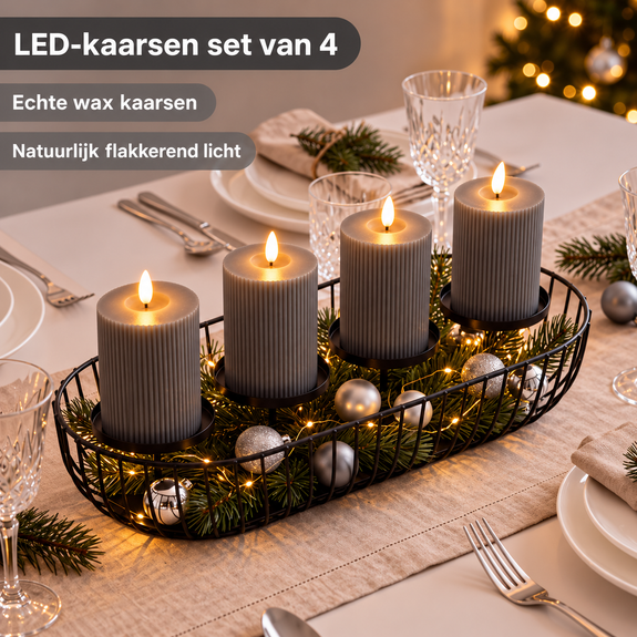 LED Kaarsen van Echte Wax - 10 cm - Set van 4 - Ribbelstructuur - Grijs - Afbeelding 3