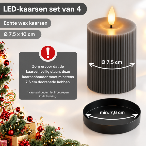 LED Kaarsen van Echte Wax - 10 cm - Set van 4 - Ribbelstructuur - Grijs - Afbeelding 4