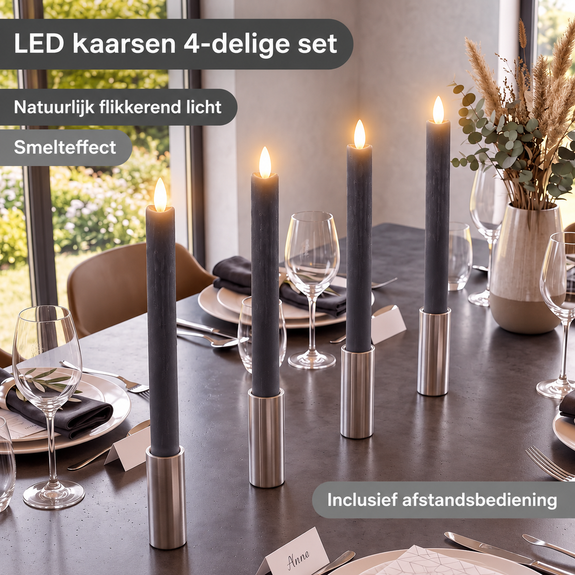 LED dinerkaarsen 22,5 cm grijs – 4 stuks met afstandsbediening - Afbeelding 4