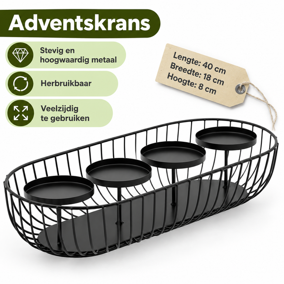 Langwerpige adventskrans van metaal zwart – 40 cm - Afbeelding 2