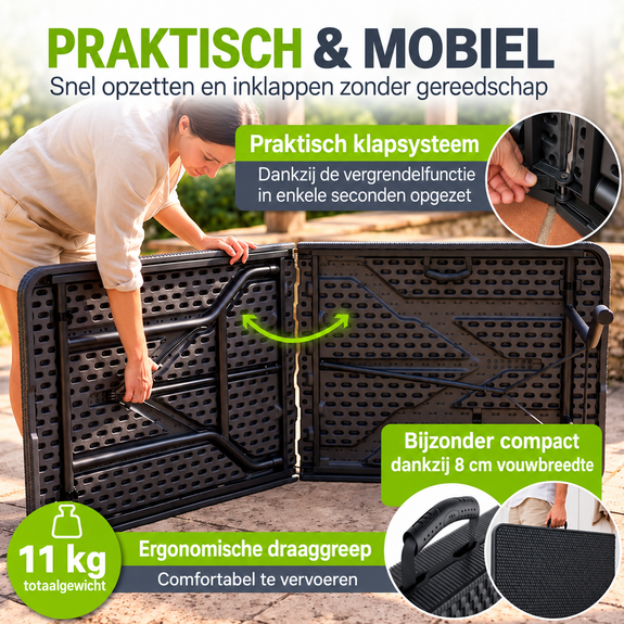 Tuintafel - Opklapbaar - 180 x 74 x 74 cm - Zwart - Afbeelding 5
