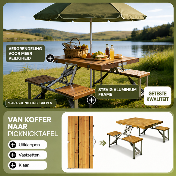 Opvouwbare campingtafel met 4 zitplaatsen - houtlook - Afbeelding 2