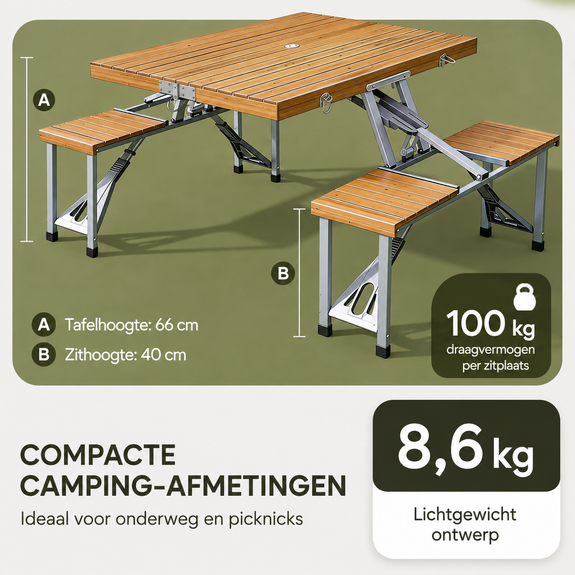 Opvouwbare campingtafel met 4 zitplaatsen - houtlook - Afbeelding 3