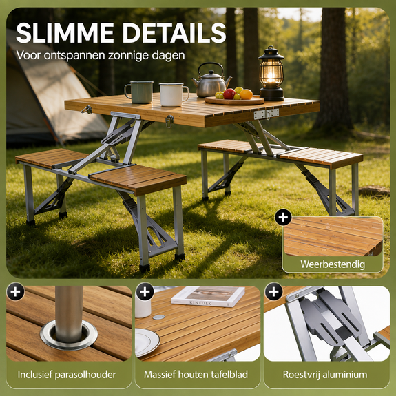 Opvouwbare campingtafel met 4 zitplaatsen - houtlook - Afbeelding 6