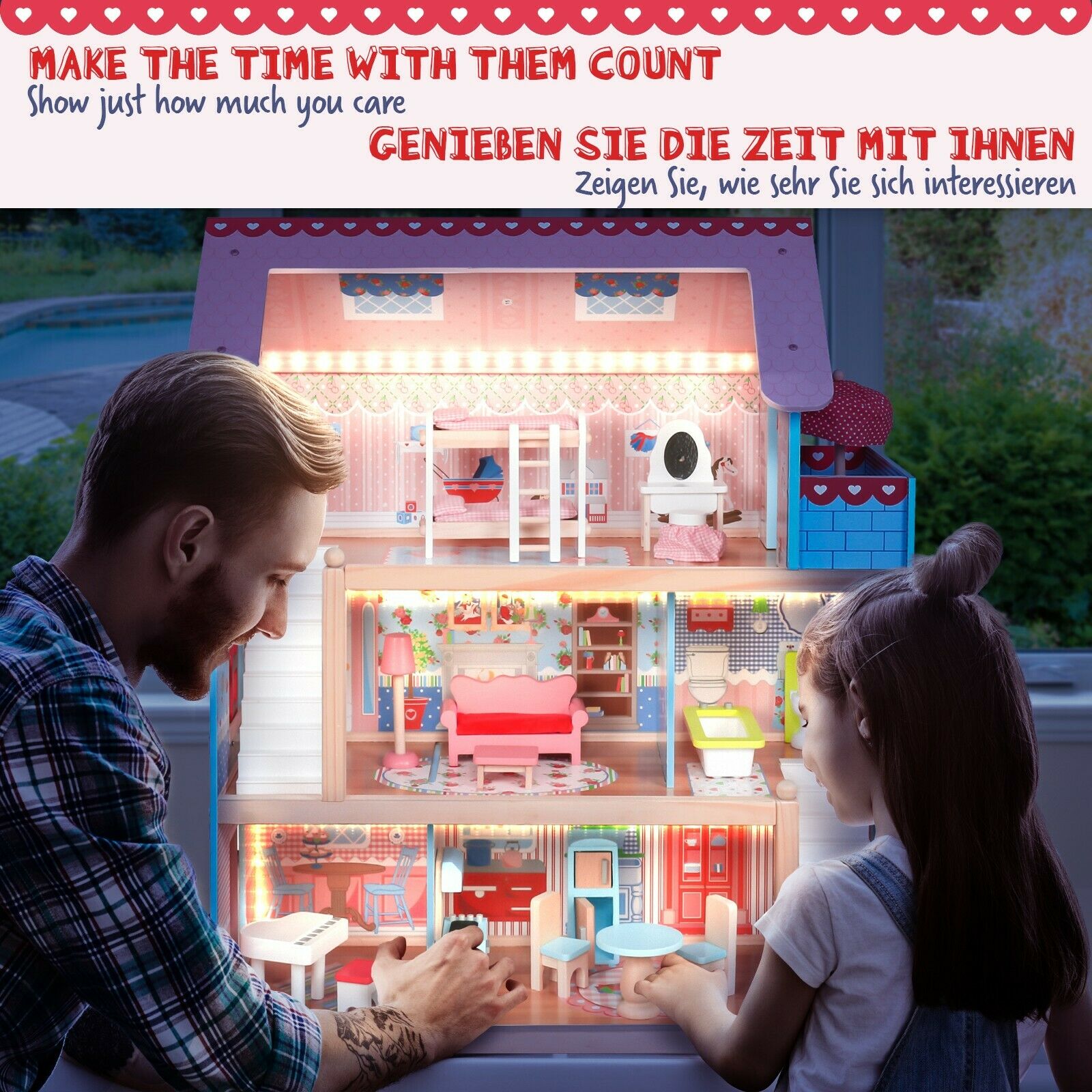 Houten Poppenhuis - 76 x 30 x 82 cm - Incl. meubels