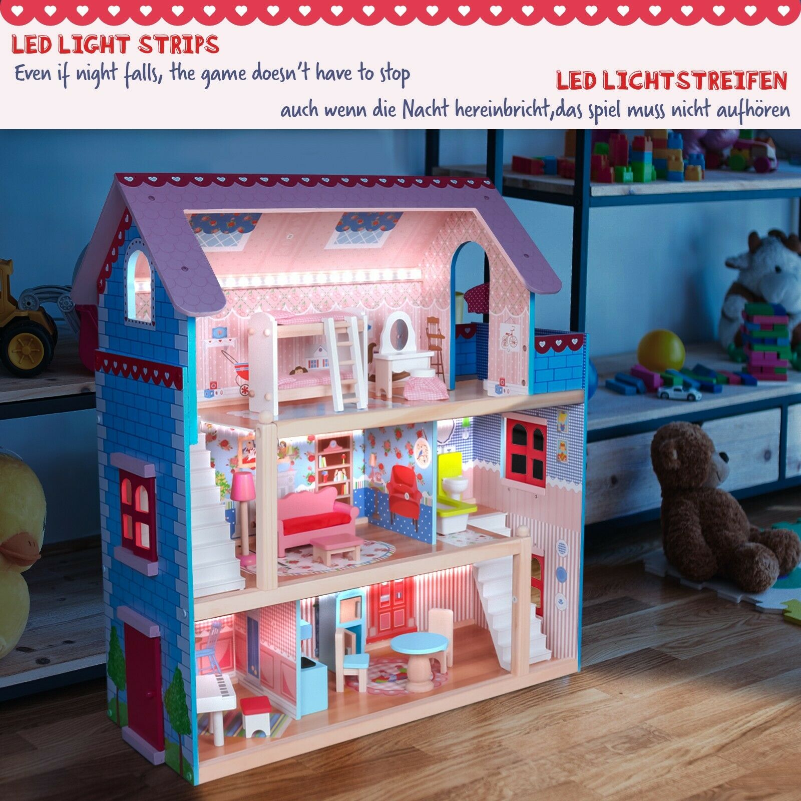 Houten Poppenhuis - 76 x 30 x 82 cm - Incl. meubels
