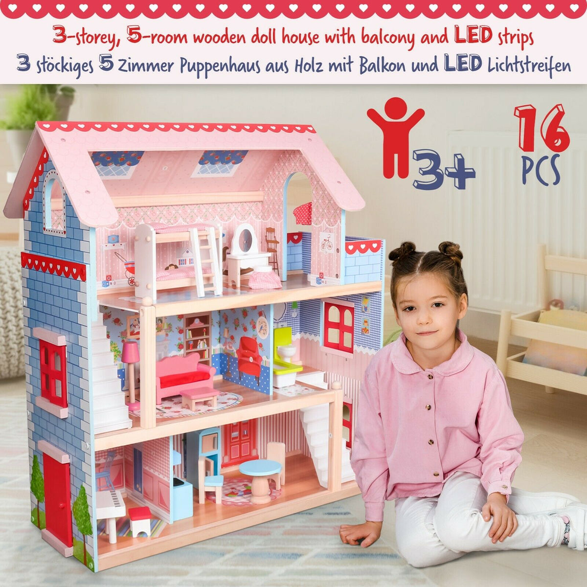 Houten Poppenhuis - 76 x 30 x 82 cm - Incl. meubels