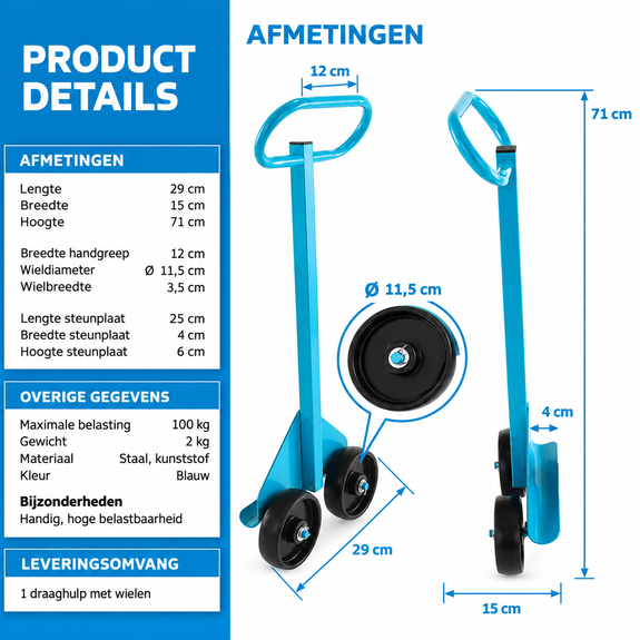 Platenroller 100 kg met wielen – stalen transporthulp - Afbeelding 3