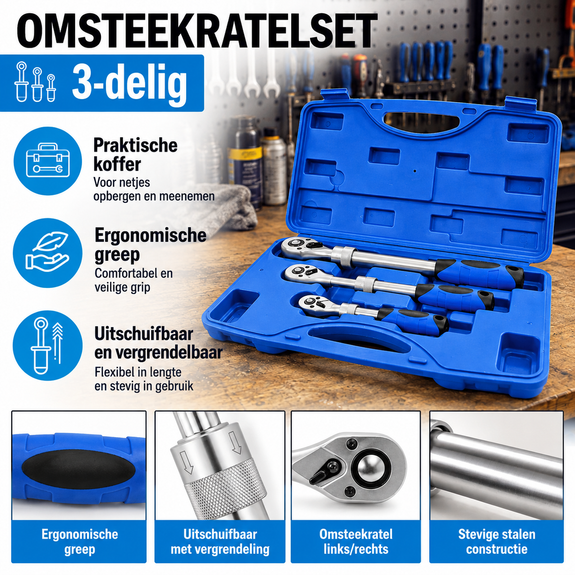 Telescopische ratelset 3-delig – 1/4 3/8 en 1/2 inch - Afbeelding 2