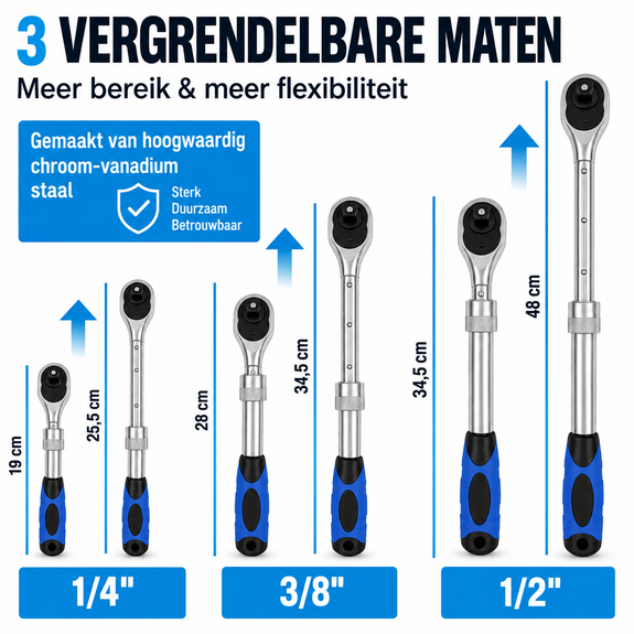 Telescopische ratelset 3-delig – 1/4 3/8 en 1/2 inch - Afbeelding 3