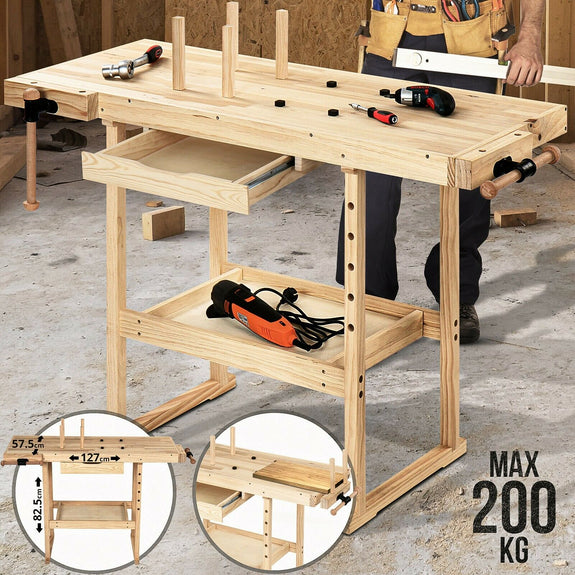 Houten werkbank / Hobbytafel - 127 x 57,5 x 82,5 cm - Afbeelding 1