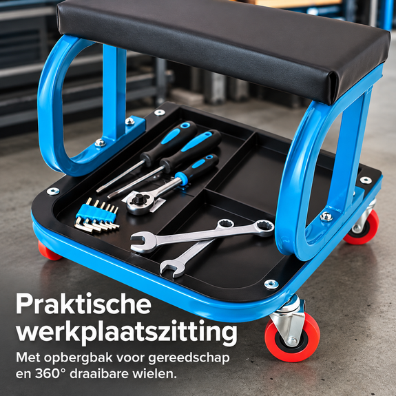 Werkplaatskruk op wielen met opbergbak – 120 kg blauw - Afbeelding 4