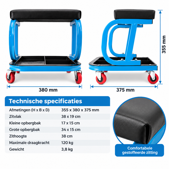 Werkplaatskruk op wielen met opbergbak – 120 kg blauw - Afbeelding 2