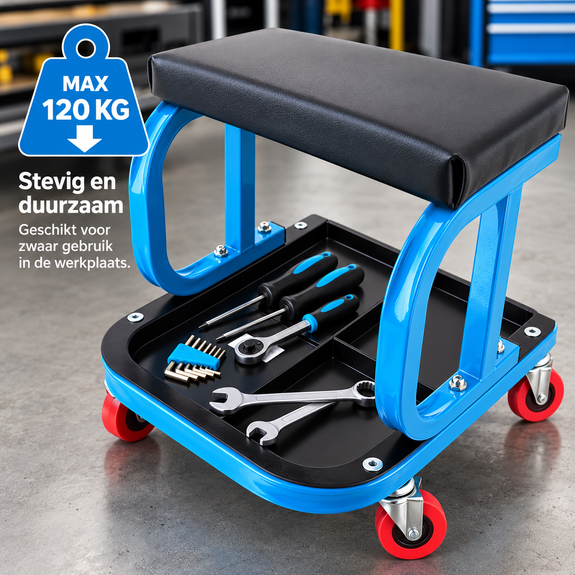 Werkplaatskruk op wielen met opbergbak – 120 kg blauw - Afbeelding 5