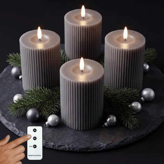 LED Kaarsen van Echte Wax - 10 cm - Set van 4 - Ribbelstructuur - Grijs - Afbeelding 5