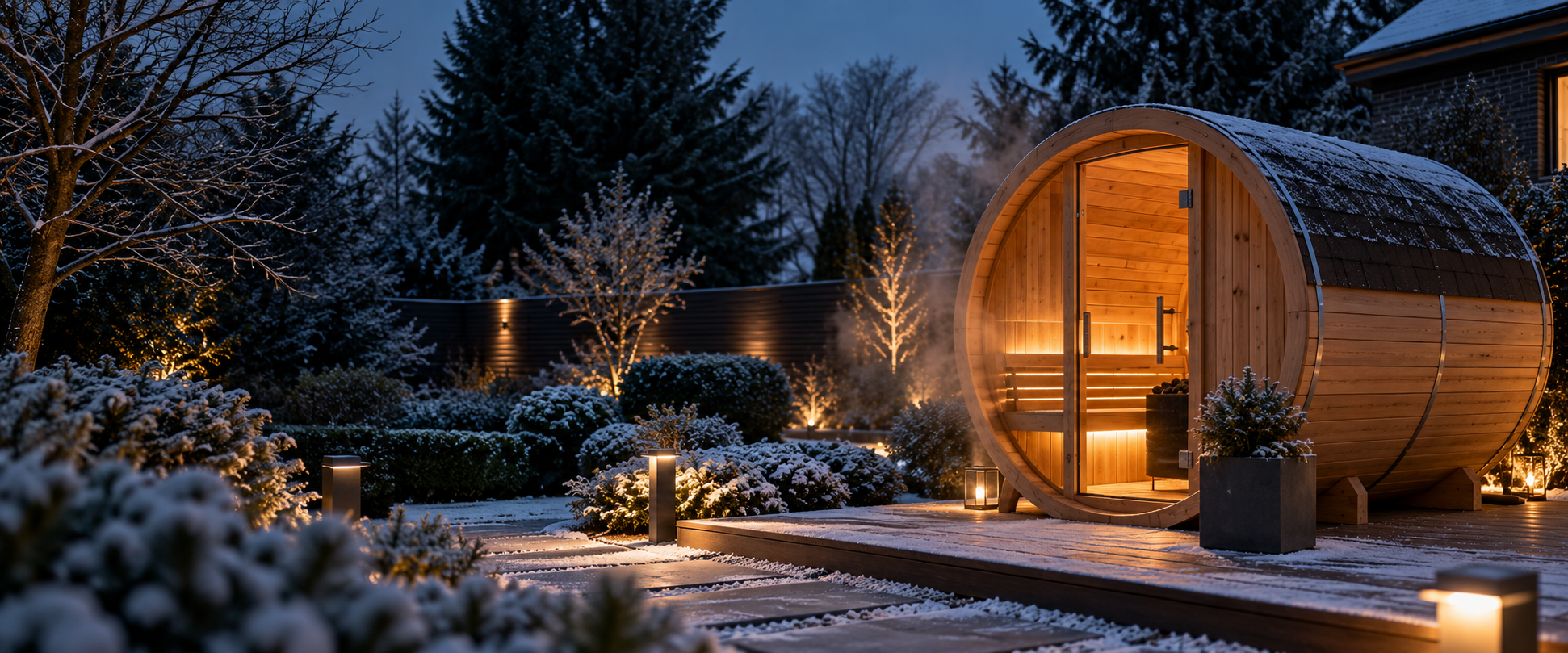 Verlichte houten sauna in een winterse tuin